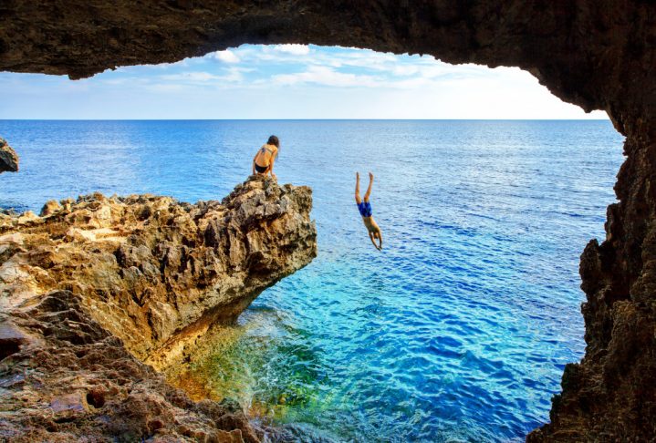 Sea cave near Cape Greko of Ayia Napa and Protaras on Cyprus island, Mediterranean Sea.