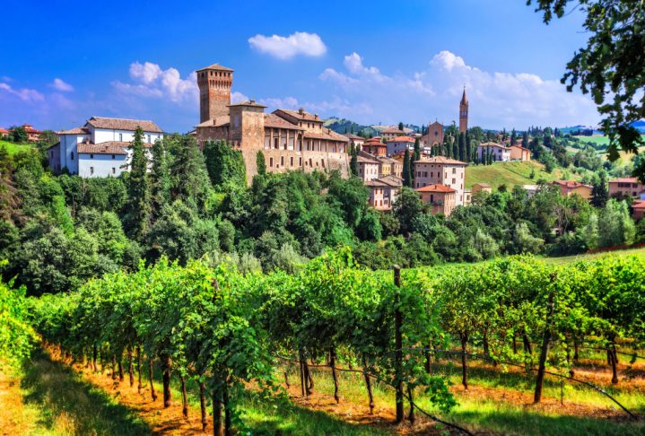 Romantic vine route with medieval castles in Italy. Emiglia Romagna region, Levizzano village