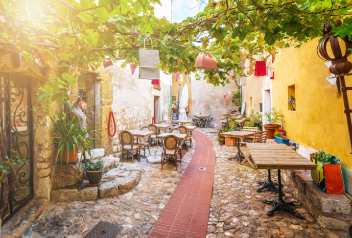 Street in medieval Eze village at french Riviera coast, Cote d'Azur, France