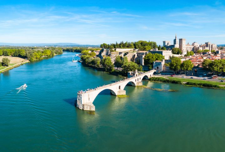 Pont Saint Benezet bridge and Rhone river aerial panoramic view in Avignon. Avignon is a city on the Rhone river in southern France.