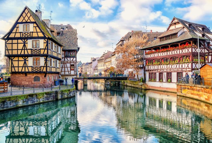 Traditional half-timbered houses on the canals district La Petite France in Strasbourg, UNESCO World Heritage Site, Alsace, France