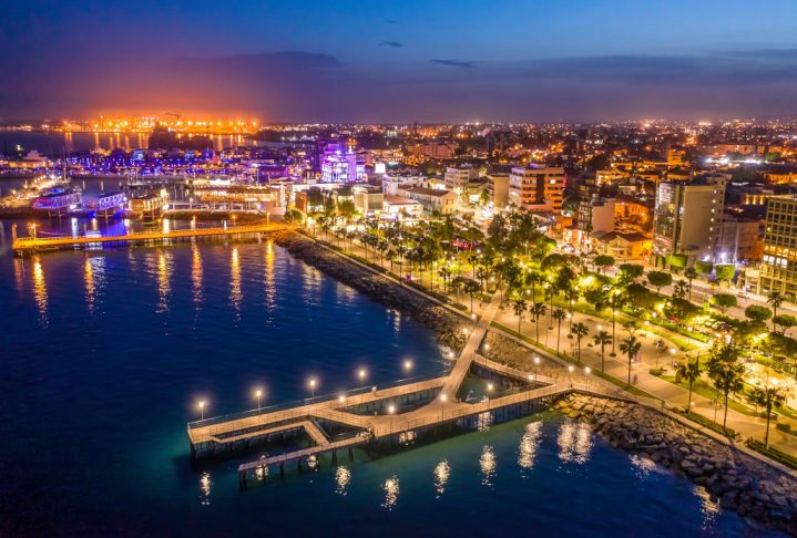 Limassol. Republic of Cyprus night panorama. Night Molos embankment. Limassol's promenade protruding into the sea from height. The mediterranean seaside. The Cyprus beaches. Traveling to the Cyprus.