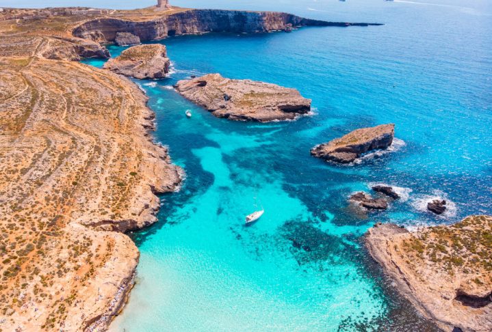 Panorama beach Blue Lagoon Comino Malta. Aerial view.