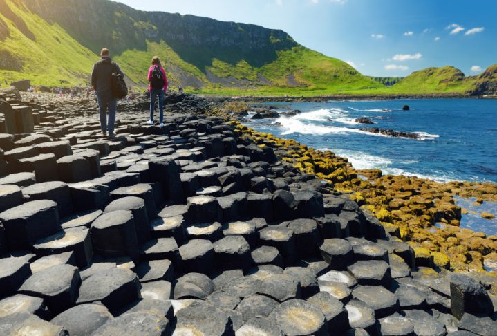 Giants Causeway, an area of hexagonal basalt stones, created by ancient volcanic fissure eruption, County Antrim, Northern Ireland. Famous tourist attraction, UNESCO World Heritage Site.