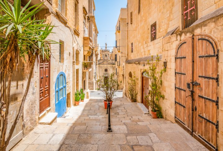 Narrow street in city centre of Valletta, Malta.