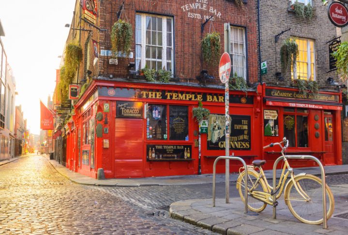 dublin, ireland. 5th may, 2019: views of empty pub street in dublin