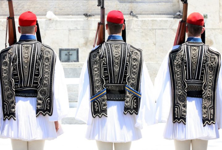 ceremonial changing three guards in Athens, Greece