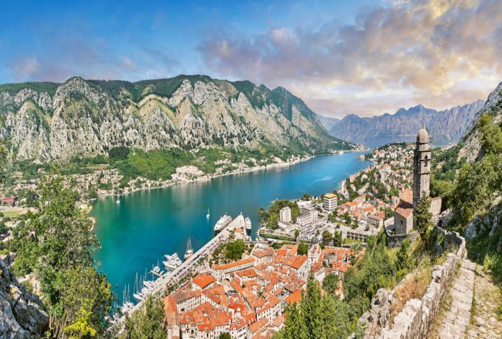 2CXPPJP Scenic view from above of Kotor Town and Kotor Bay from Kotor mountain, Montenegro